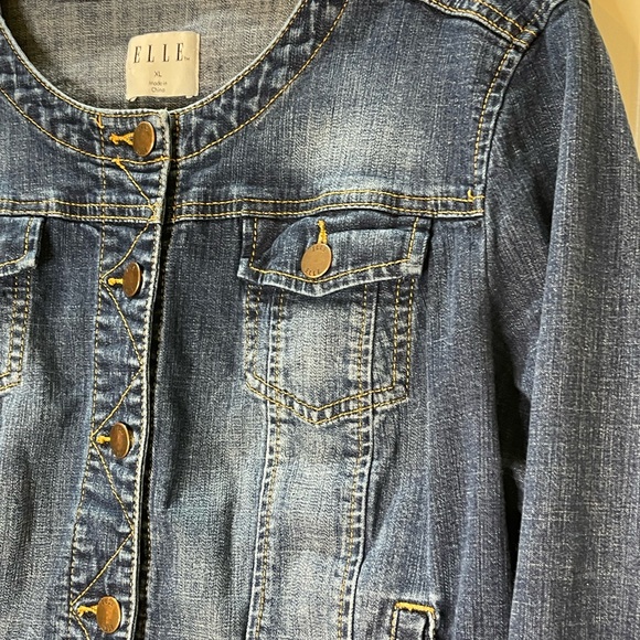 Elle Classic Jean Jacket Y2K Stretch Cropped Collarless with Pockets Size XL - Picture 3 of 9